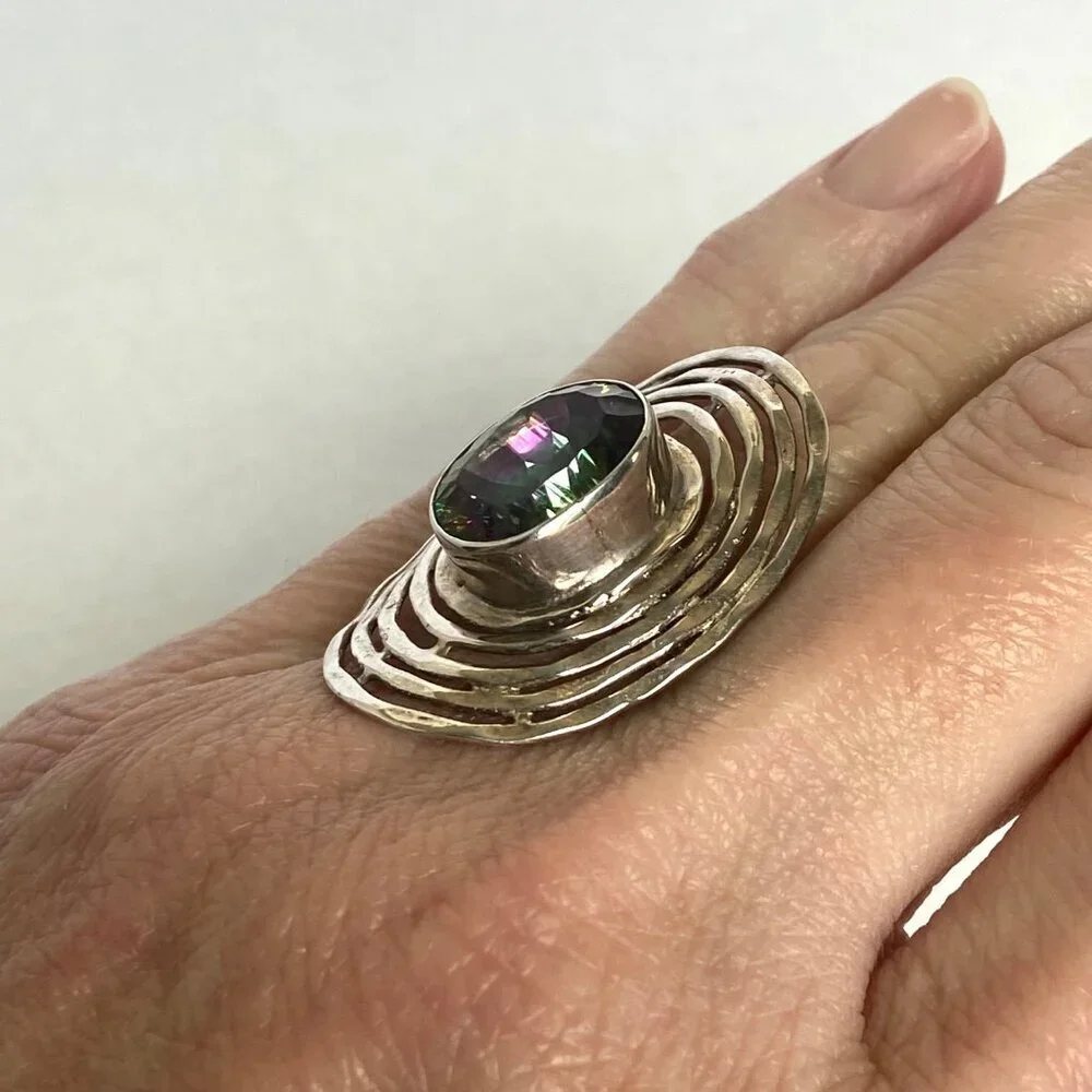 Sterling Silver 925 India Large Bezel Set Oval Mystic Quartz Statement Ring 5.5